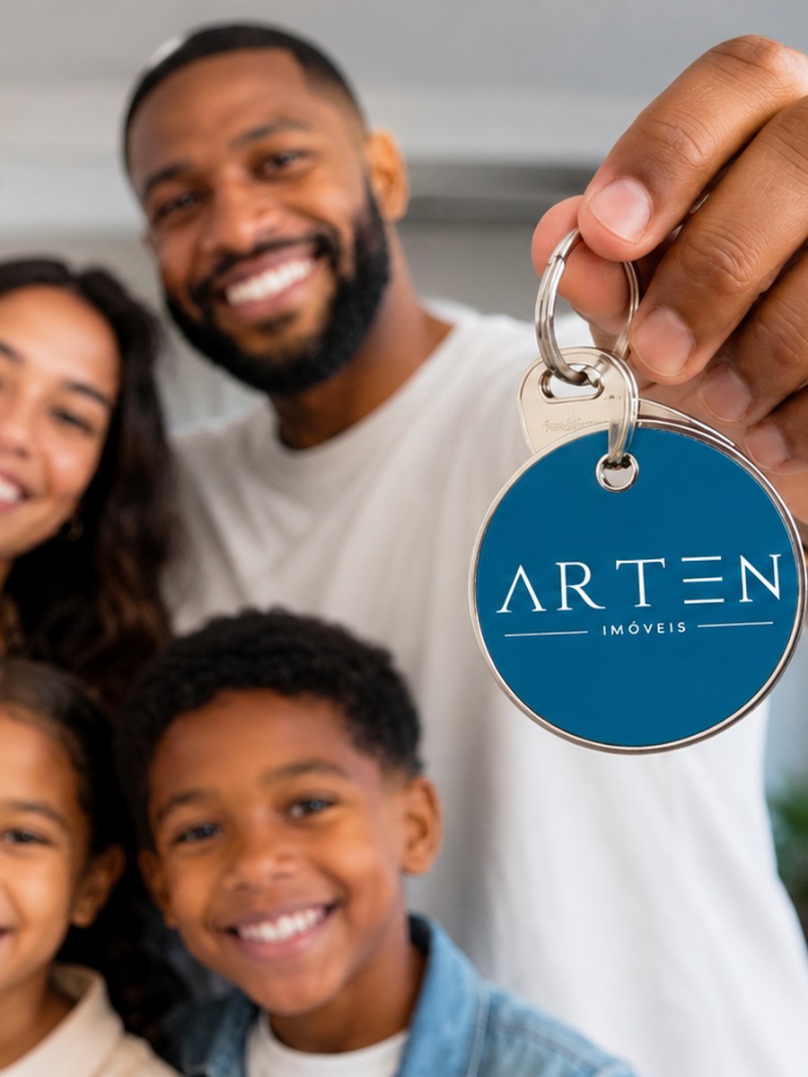 Família com cinco pessoas sorrindo, o pai segurando o chaveiro da Arten Imóveis